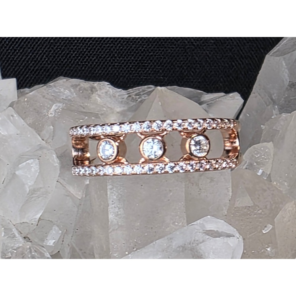 14K Rose Gold Over Sterling Silver 3 Sliding Simulated Diamond Ring Size 9